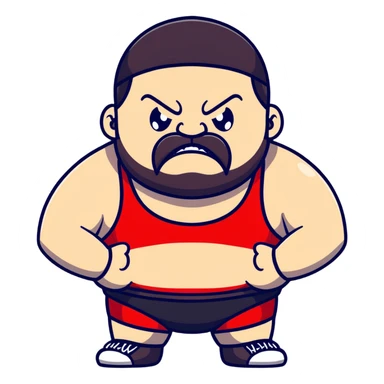 Close-up of extremely fat white skin guy with young face, beard and mustache, no muscle with prominent black durag, black eyes in a red and black wrestling singlet with angry face sticker
