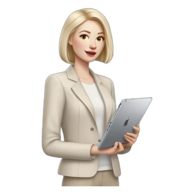 pale skin woman with ash blonde Straightened bob Hair, White Spacious classical jacket, beige palazzo Arrow pants and gray blouse holding a IPad Pro 12.9” in the hands sticker