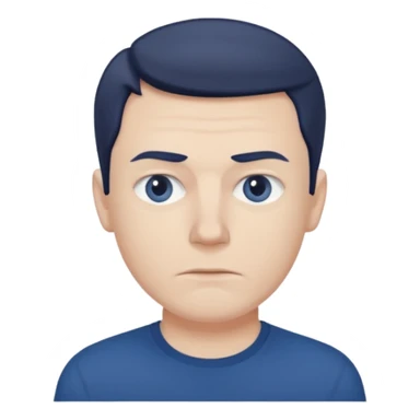 a white man in a dark blue t-shirt with a suspicious look sticker