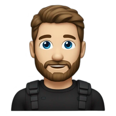 White man with a slight sun kissed tan, blue eyes and dark brown hair. He has a beard and mustache trimmed. Wears black clothing and wears his hair styled sideways backwards. sticker