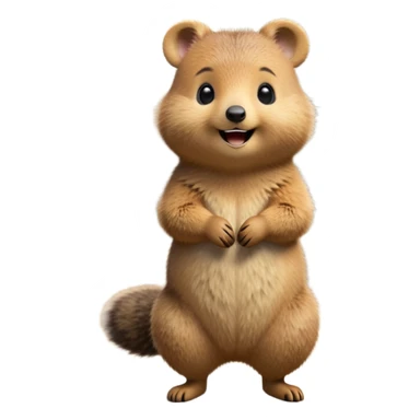 cinematic-quokka-realistic-full-body-standing on its hind legs hunched over-emoji,-small-round-frame-balanced-on-tiny-strong-hind-legs,giant fluffy cheeks large smile-fluffy-brown-fur-radiating-a-warm-softness,-big-round-eyes-filled-with-joy-and-innocence,-tiny-clawed-paws-held-close-to-chest,-cheerful-smile-exuding-endearing-happiness,-simplified-yet-realistic-focused-features,-highly-detailed,-glowing-with-a-sunny-warmth, skinny tail sticker