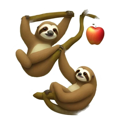 Two sloths hanging from a tree and contemplating an apple sticker