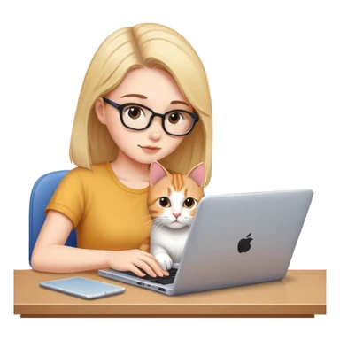 A girl is working hard on a laptop with a cat next to it sticker