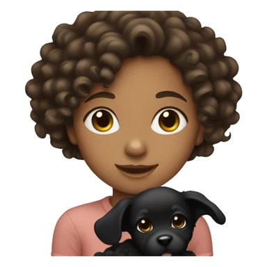 Brunette girl with curly hair holding a black puppy sticker