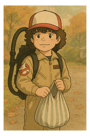 Dustin from Stranger Things dressed as a Ghostbuster for Halloween, in Ghibli style with delicate strokes, thick dark contours, pastel color tones, slightly aged texture, holding a bag of candy. sticker