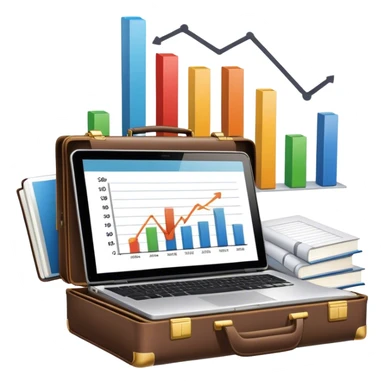 Icon for Business Reading: a prominent book at the forefront, with a briefcase, laptop, and notepad around it, along with a bar graph and symbolizing ideas and growth. The icon should represent the knowledge and strategy of business literature. Transparent background. sticker
