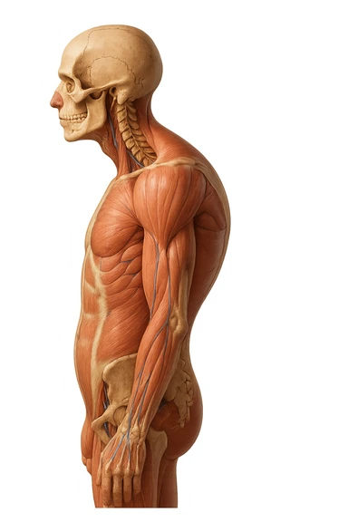 corpo UMANO ANATOMICO di profilo con spalle chiuse in avanti, postura errata, iperrealistico 4k sticker