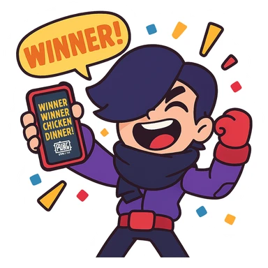 Edgar from Brawl Stars celebrating a win in PUBG Mobile, holding phone up, joyful, cartoon style sticker