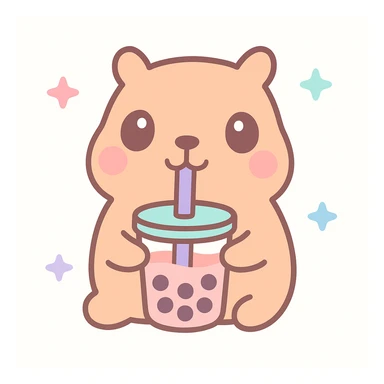 a fun and cute capybara drinking boba tea, playful and charming, adorable and friendly, with a straw and tapioca pearls visible sticker