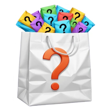 white goodiebag with questions mark boxes stuffed in it sticker