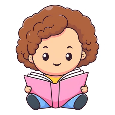 girly character with brown soft curly hair reading a pink book sticker