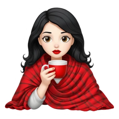 Long wavy Black haired, white skinned, black big eyed girl with red lipstick wrapped in a blanket, sipping tea sticker