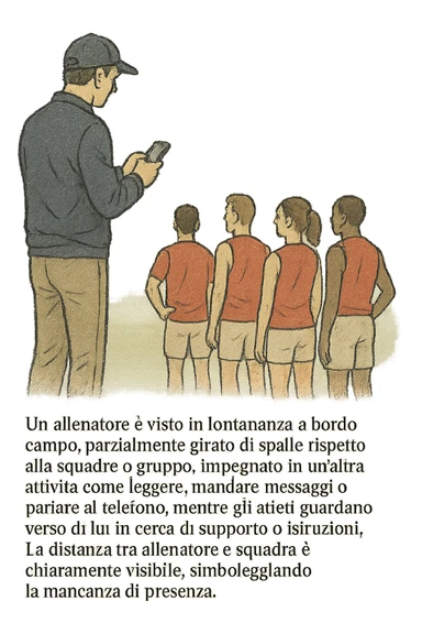 a coach is seen far away on the sidelines, partially turned away from the team or group, engaged in another activity (like reading, texting, or talking on the phone), while the athletes look toward them for support or instruction. The distance between coach and team is visually clear, symbolizing lack of presence. in italiano sticker