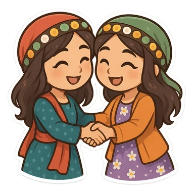 cartoon two Kurdish women in traditional Kurdish clothing friendly greeting with hug or handshake, colorful and cheerful, no text, sticker style suitable for WhatsApp and Instagram sticker