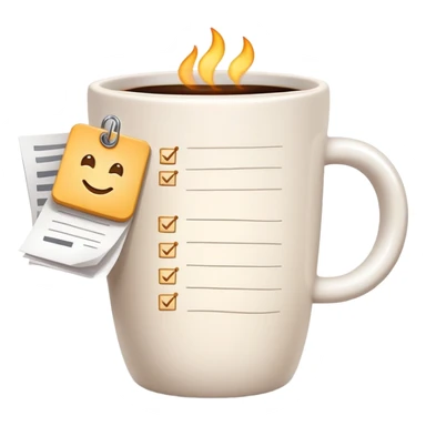 Coffee cup and checklist note connected by a glowing link or chain, showing habit stacking sticker