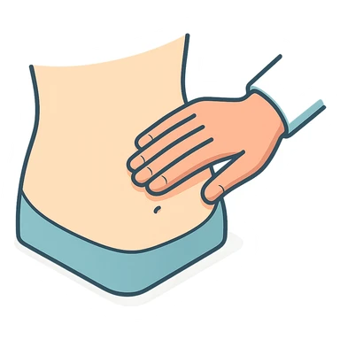 close-up of human abdomen, a doctor's hand palpating, hand coming from opposite side, fingers gently pressing, 2D isometric style, very detailed, soft rounded shapes, clean contours, pastel palette, refined shadows and highlights, modern illustration, transparent background sticker