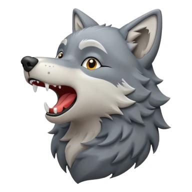 emoji of a wolf howling, head tilted upward with open mouth, small sound lines near the mouth to show the howling action, simple cartoon style sticker