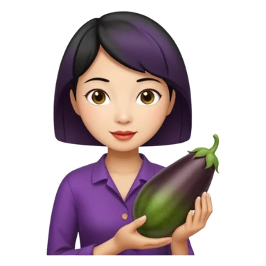 Vietnamese lady with short hair holding eggplant sticker