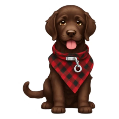 A chocolate colored doodle with a red and black flannel handkerchief holding his leash in his mouth sticker