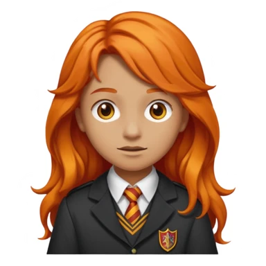 A iphone emoji with long wavy fierce orange hair and hazel eyes, wearing Gryffindor school uniform sticker