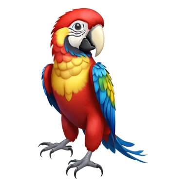 cinematic-macaw-realistic-full-body-standing-emoji,-vibrant-feathers-glowing-with-rich-reds,-blues,-and-yellows,-head-tilted-dramatically,-curved white-beak-gleaming,-piercing-dark-eyes-exuding-confidence,-simplified-yet-realistic-focused sticker