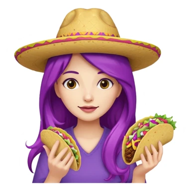 woman holding taco with purple long hair and hat on head sticker