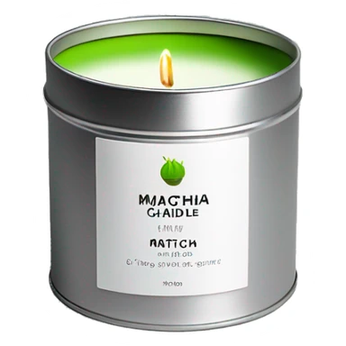 matcha scented candle in a silver tin with a small white label realistic sticker