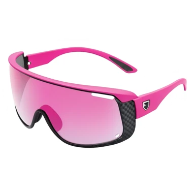 sporty pink shield visor sunglasses with thick frame with carbon fiber appearance, lightweight yet chunky design, substantial build, one-piece lens with hydrophobic coating sticker