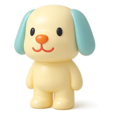               Transform {subject} into a soft vinyl figure with a smooth, glossy surface. The material should look slightly rubbery and tactile, with minimalistic curves and a matte-gloss hybrid finish. Use pastel or soft solid colors. The surface is seamless, with no visible textures or roughness. Studio lighting, vibrant background, clean, playful, designer toy aesthetic and no shadows. {subject} = dog, make sure the mouth has nice outlines sticker