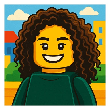 Transform the face in the reference image into a LEGO minifigure head and upper body, preserving the hair and smile. Render in a bright, playful LEGO style with vibrant colors and simple, blocky shapes typical of LEGO minifigures. sticker
