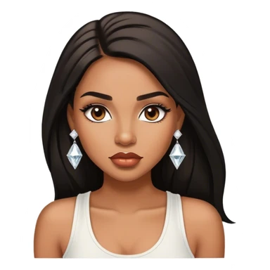 light brown skin tone, very beautiful woman, with big plump lips, long long lashes, black straight long hair, brown eyes, white tank top, diamond stud earrings sticker
