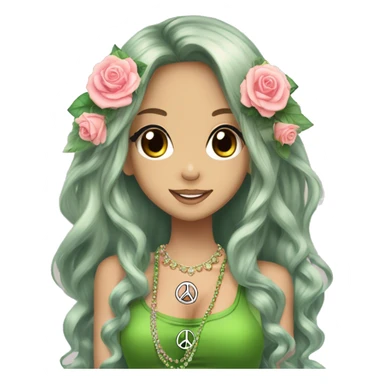 hime gyaru girl, hippie, long brunette hair with roses in hair, crystal jewelry, green top, peace sign hand logo sticker