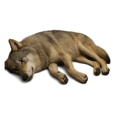 Make the wolf appear dead, lying on its side with cartoon X's for eyes, no blood, keep the exact same photorealistic style and details, transparent background. sticker