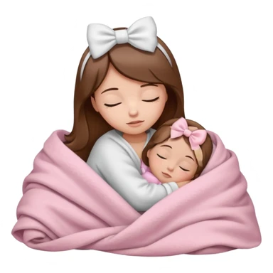 Sleeping child with brown hair wrapped in a light pink blanket with a white bow over the blanket sticker