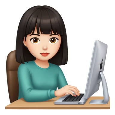 girl with dark hair and bangs sits at apple computer sticker