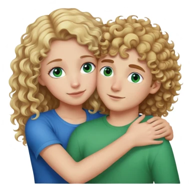 Girl with blond curly hair and blue eyes hugging boy with brown hair and green eyes sticker