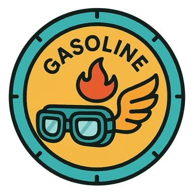 circular motorcycle gas cap design, transparent background, text 'GASOLINE', motif: motorcycle goggles, wing, flame, modern style sticker
