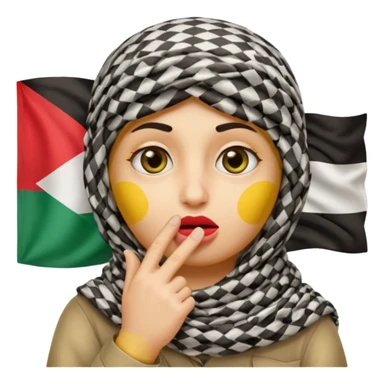 yellow-faced emoji with large eyes making a shushing gesture finger on lips wearing traditional Palestinian keffiyeh wrapped around head with Palestinian flag subtly incorporated into design sticker