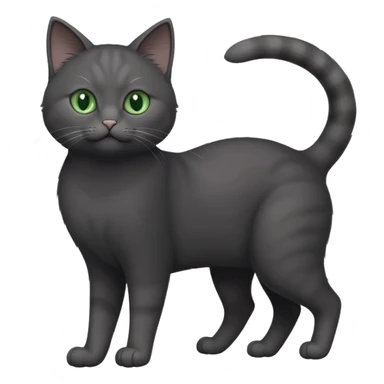 full body gorgeous solid dark grey cat with green eyes, white paws and white whiskers stretching like a cat sticker