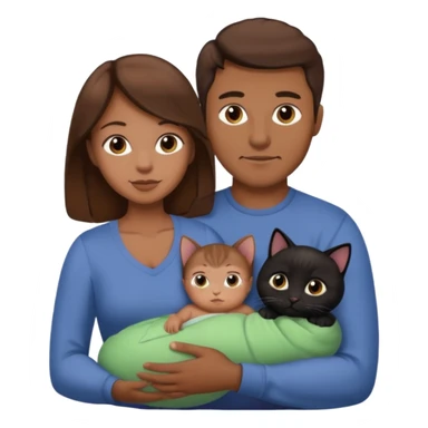 1 mom brown hair, 1 dad no beard, 1 baby and 1 black cat sticker
