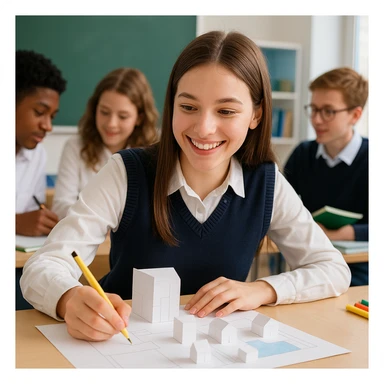 female student wearing white long sleeves and a navy blue vest, smiling and working on a school project, collaborative atmosphere sticker