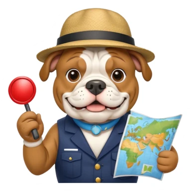 english bulldog as a cheerful tour guide, wearing a hat and holding a map sticker