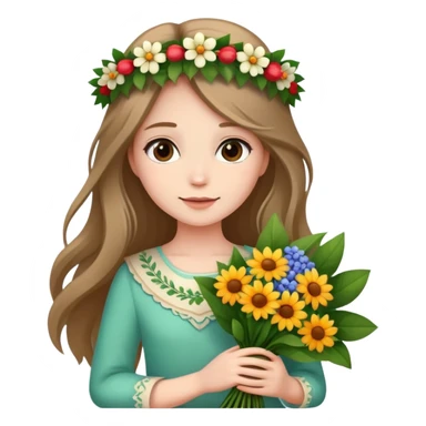 Beautiful girl with long hair and a wreath holding a bouquet of flowers sticker