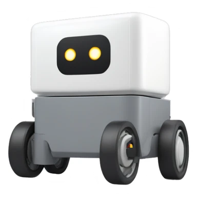 solid horizontal rectangle gray delivery robot with white circle white led eyes and opening lid on 4 wheels, minimalistic design sticker