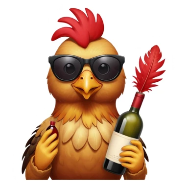 A chicken holding a wine bottle with black sunglasses sticker