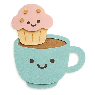 coffee cup with muffin character, soft pastel colors, transparent background sticker