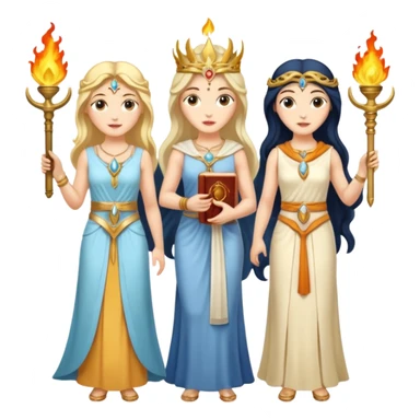 Three goddesses. one with a key, one with a torch, one with a book and a moon on it.  sticker