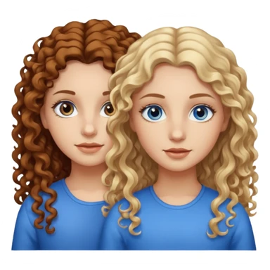 Twin sisters, one has brown eyes, long curly brown hair, the other one has blond hair and blue eyes sticker