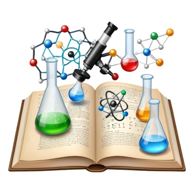 Icon for Scientific and Educational Reading: an open book with mathematical and physical formulas on the pages, with molecules and atoms flying out. On the desk are test tubes, flasks, and a microscope. Transparent background. sticker