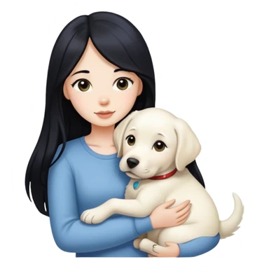 A beautiful girl with long black hair and fair skin is holding a white Labrador sticker